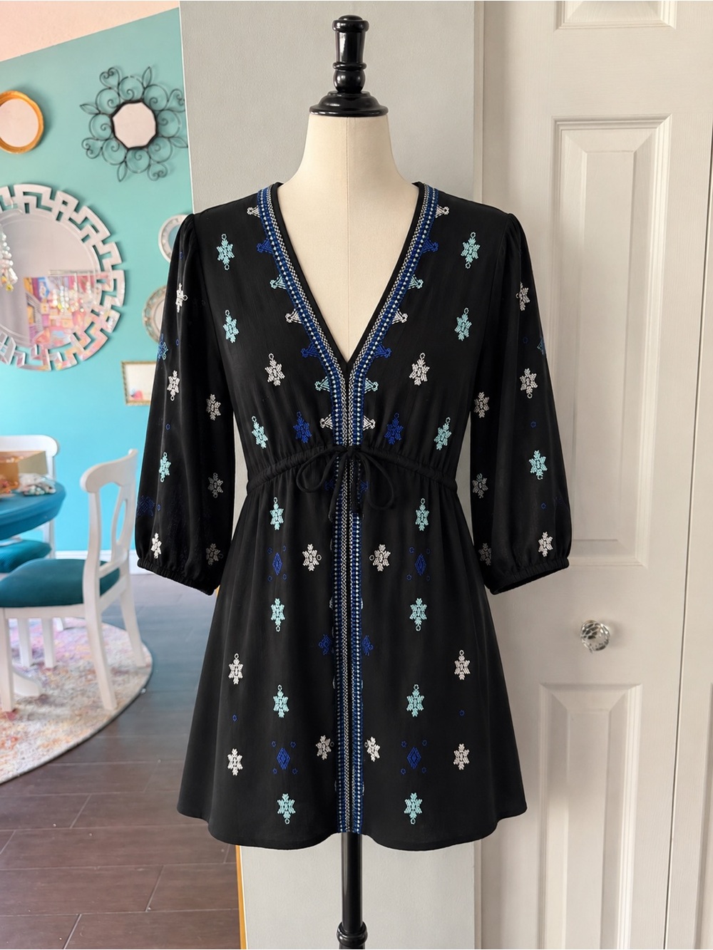 Free People Tie Waist Black Embroidered Tunic/Mini Dress